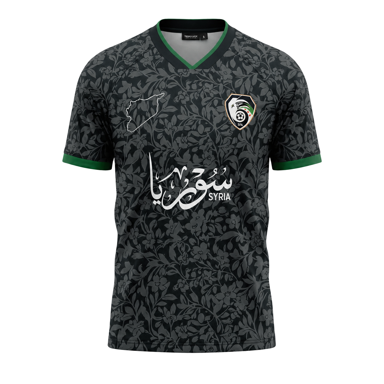 Syrian football jersey black front with Syria crest and Arabic calligraphy, Arab Jerseys